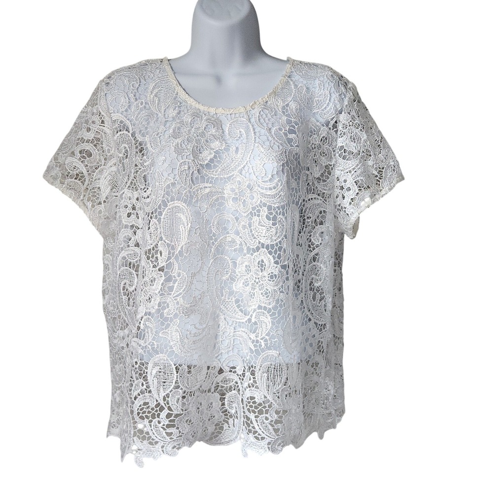 Bisou Bisou Romantic Sheer Lace Blouse Boho White Top Sz XL Cottagecore Festival